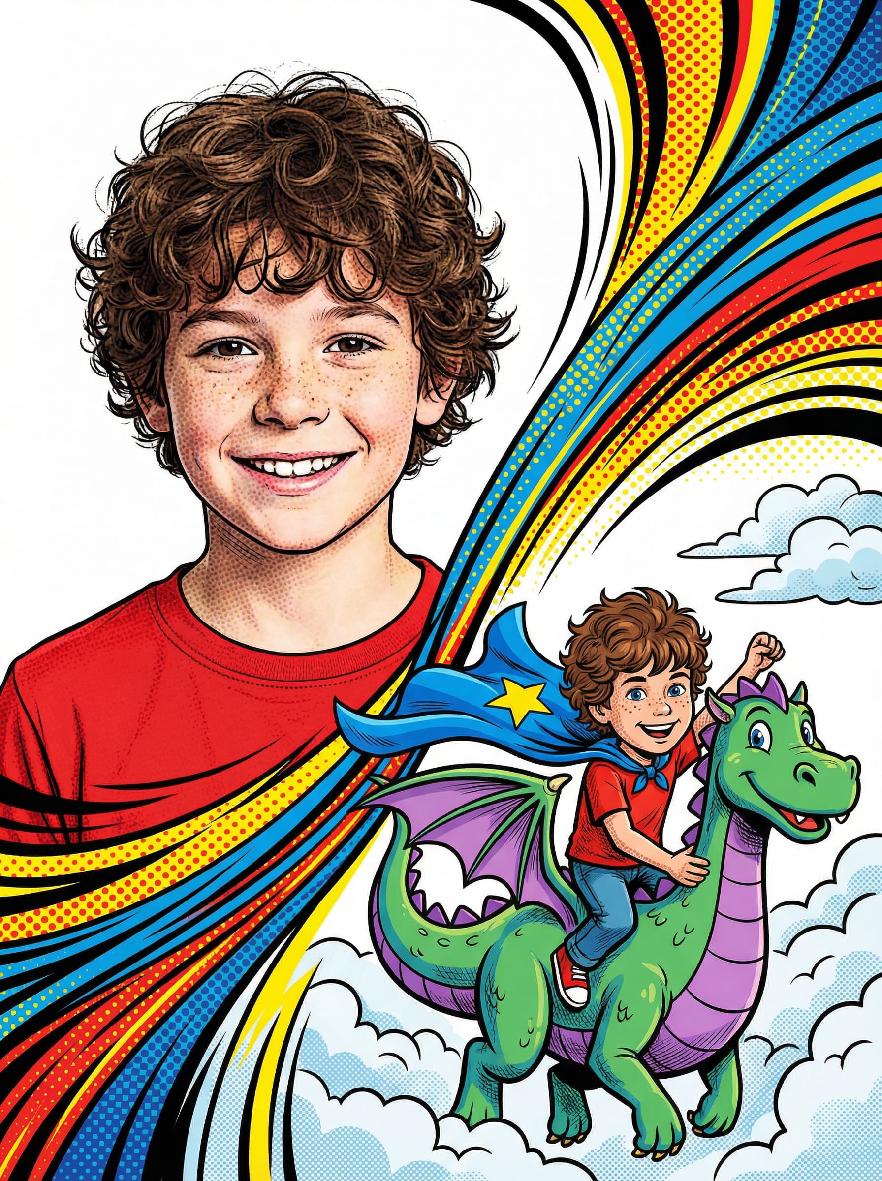 A real child's photo transformed into a pop-art storybook illustration — showing them riding a dragon
